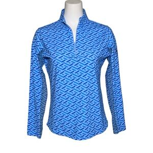 IBKUL Fatima Print Blue Long Sleeve Mock Neck Golf Top 1/4 Zip UPF 50+ Size M
